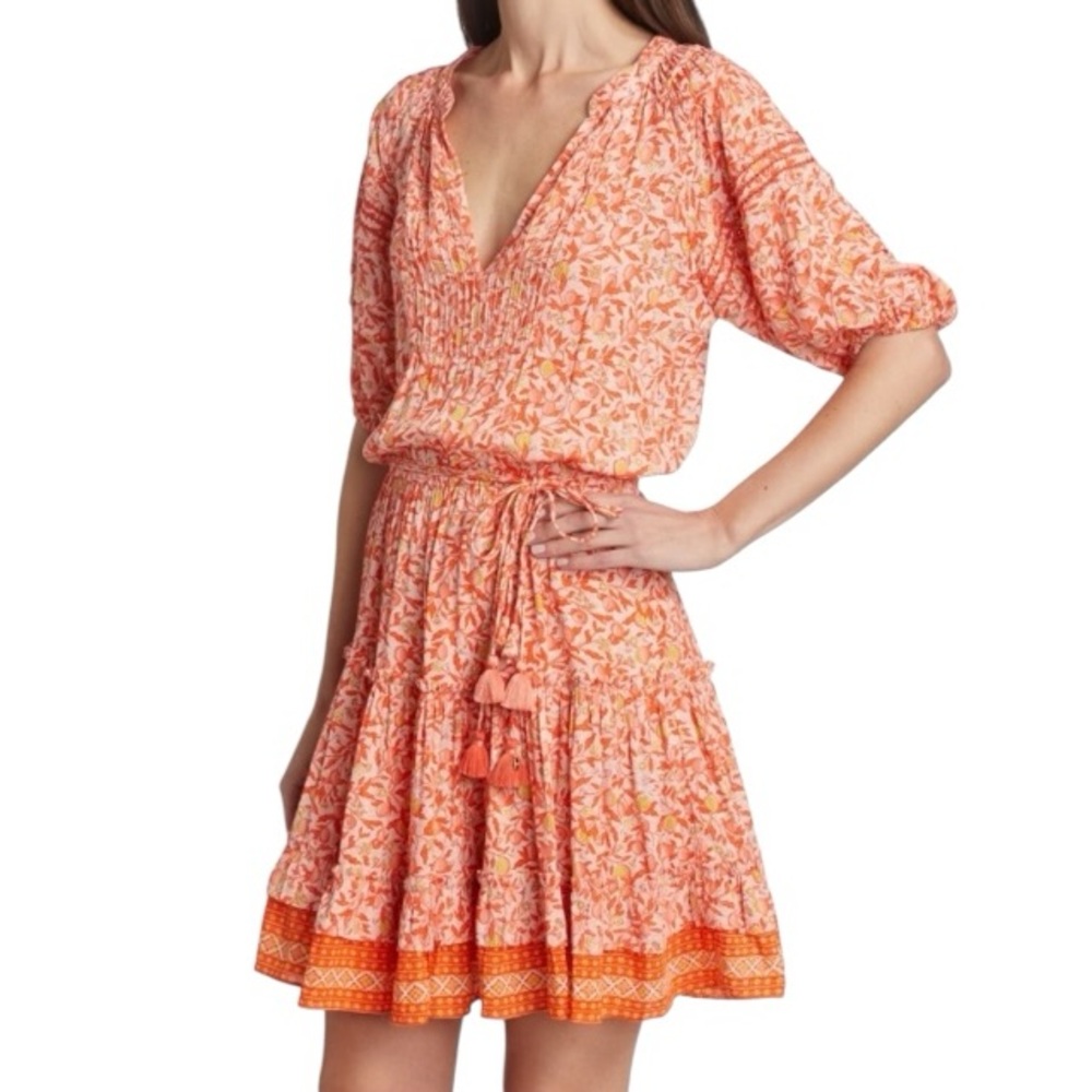 Poupette St. Barths Bona Lemon Print Tiered Tie Waist Tassels Mini Dress - S
